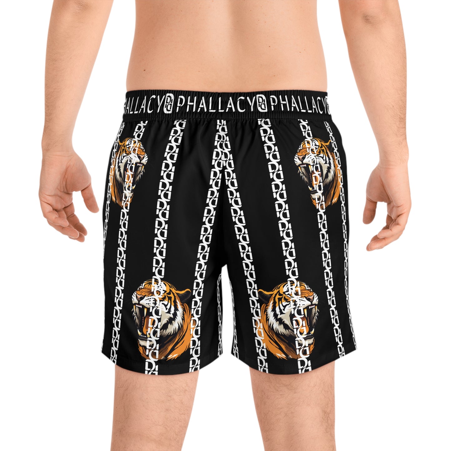 Phallacy Striped Designer Mid-Length Swim Shorts