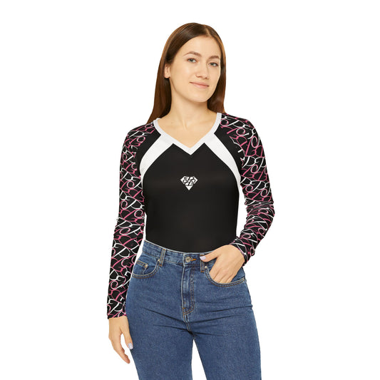 Phallacy Diamond Designer Women's Long Sleeve V-neck Shirt