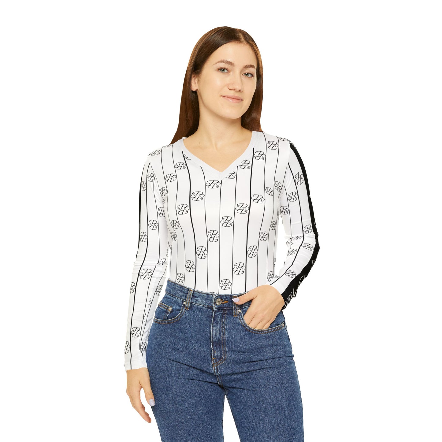 Phallacy Striped Designer Women's Long Sleeve V-neck