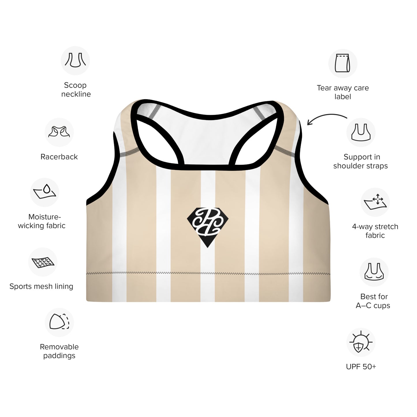 Phallacy Striped Designer Padded Sports Bra